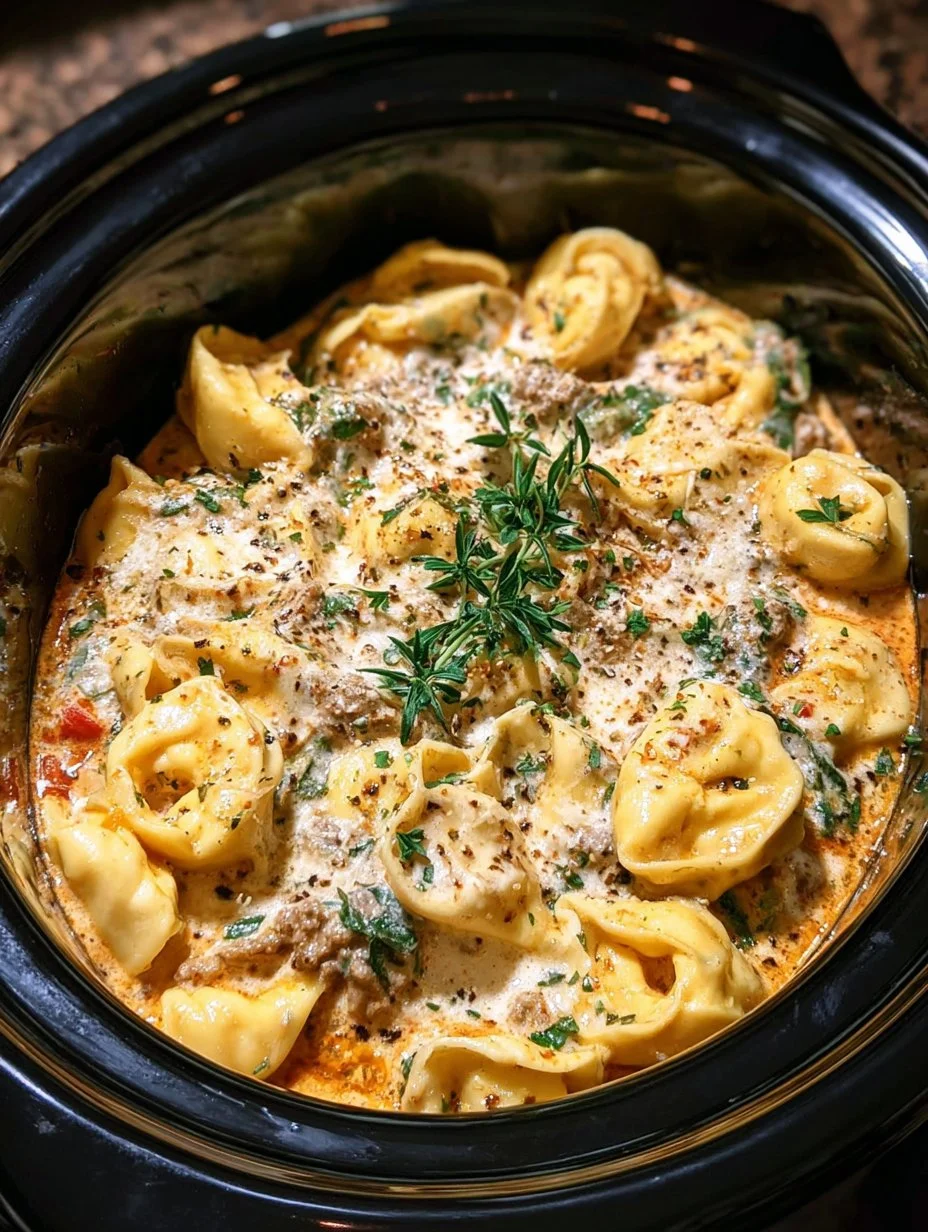 Bowl of crockpot creamy tortellini garnished with parsley