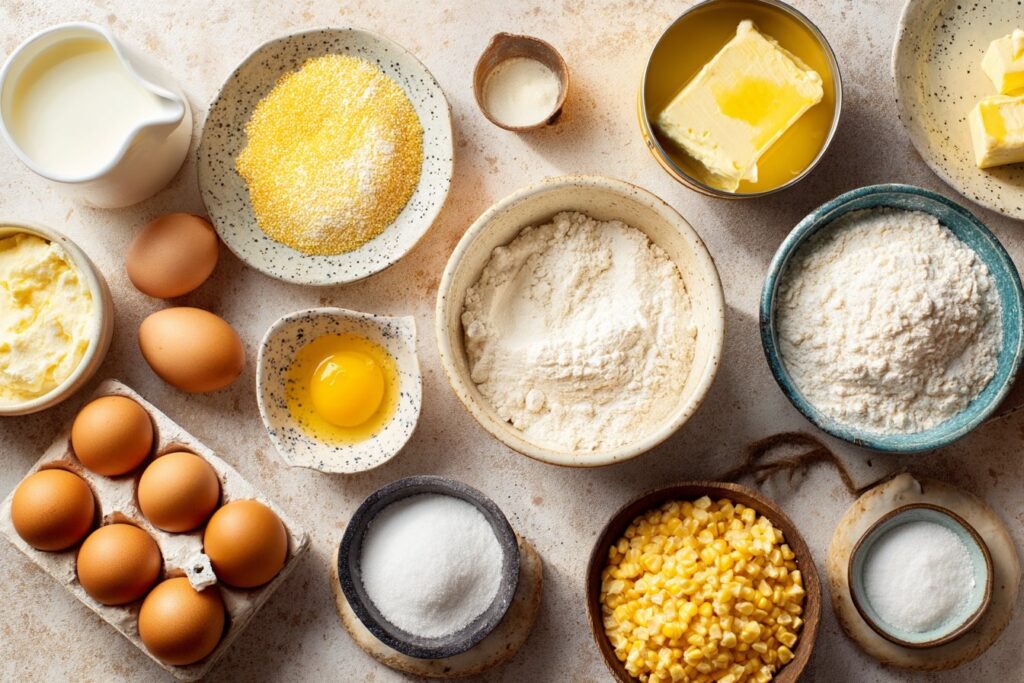 Ingredients for Slow Cooker Corn Pudding — corn, eggs, butter, cream, flour, and sugar arranged on a rustic kitchen table