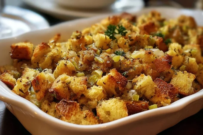 Grandma's delicious Thanksgiving stuffing recipe with fresh herbs and bread