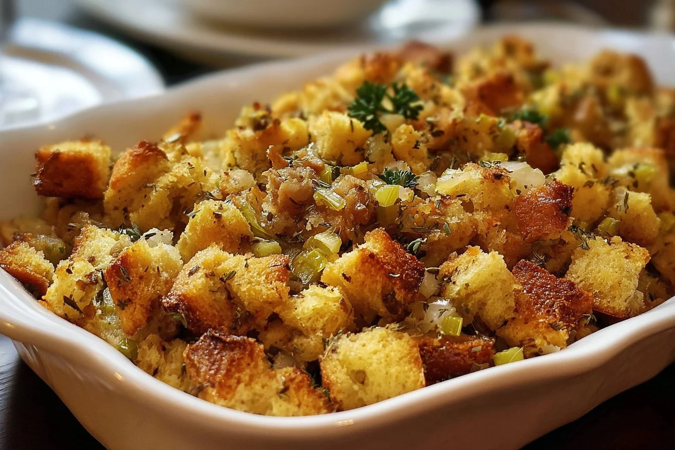 Grandma's delicious Thanksgiving stuffing recipe with fresh herbs and bread