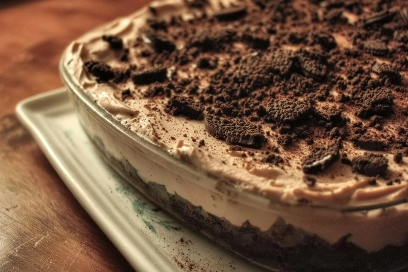 Delicious dirt cake dessert with chocolate, cookies, and whipped cream