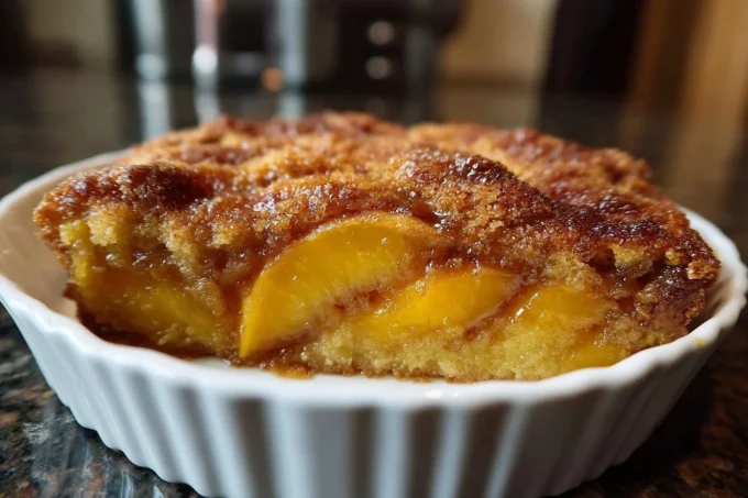 Delicious Divine Brown Butter Peach Cobbler served warm with a golden crust.