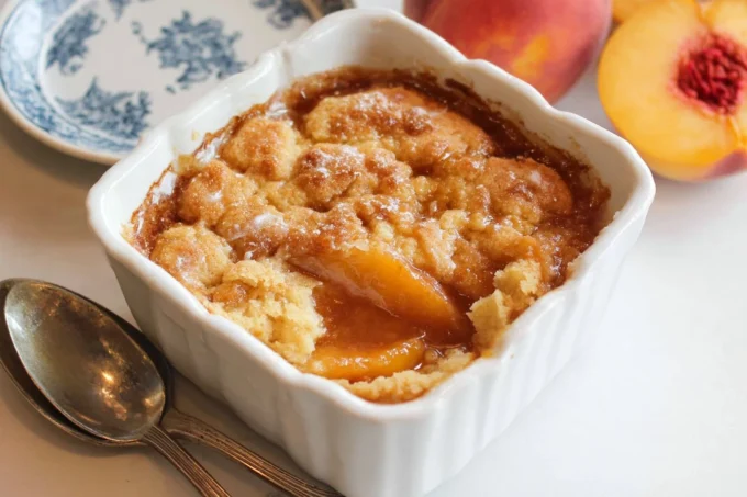 Easy Bisquick peach cobbler recipe baked golden brown in a rustic dish