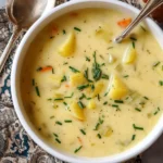 Bowl of easy creamy potato soup topped with green onions and served with bread