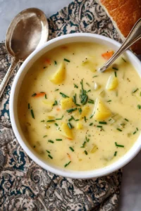 Bowl of easy creamy potato soup topped with green onions and served with bread