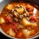 A bowl of easy hamburger soup with vegetables and ground beef