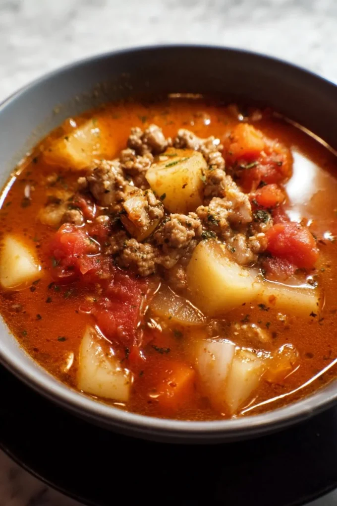 A bowl of easy hamburger soup with vegetables and ground beef