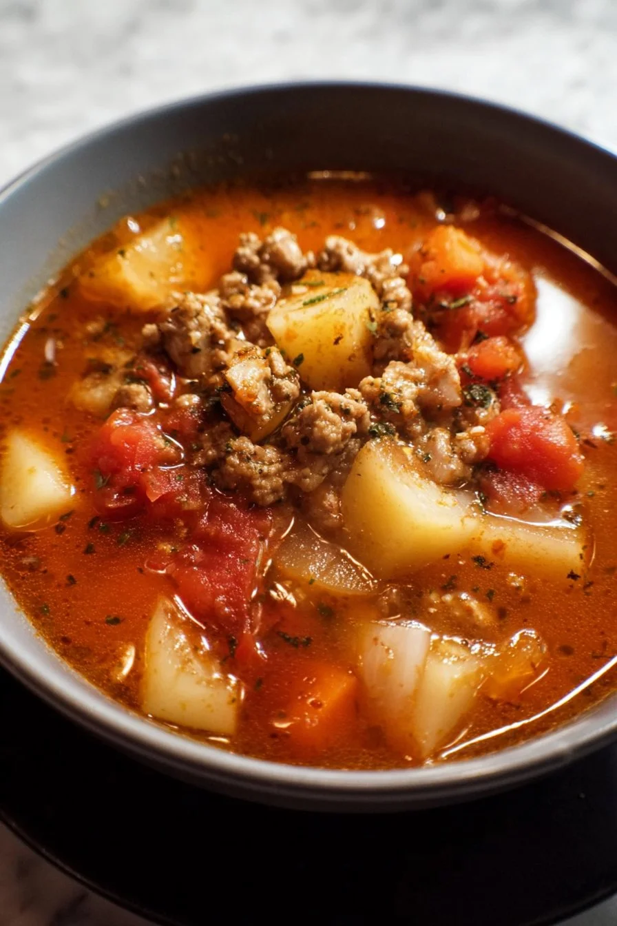 A bowl of easy hamburger soup with vegetables and ground beef