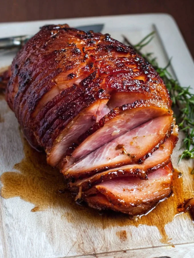 Deliciously glazed easy honey baked ham on a festive serving platter.