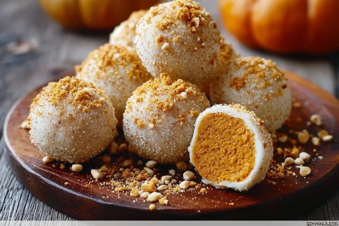Easy no-bake pumpkin cheesecake balls on a colorful plate