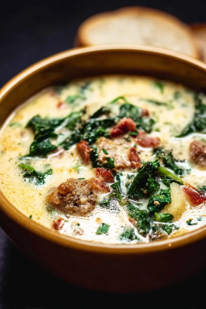 Bowl of easy Olive Garden Zuppa Toscana soup with potatoes and greens