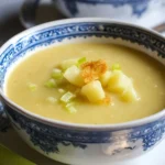 Bowl of easy potato leek soup garnished with chives and bread