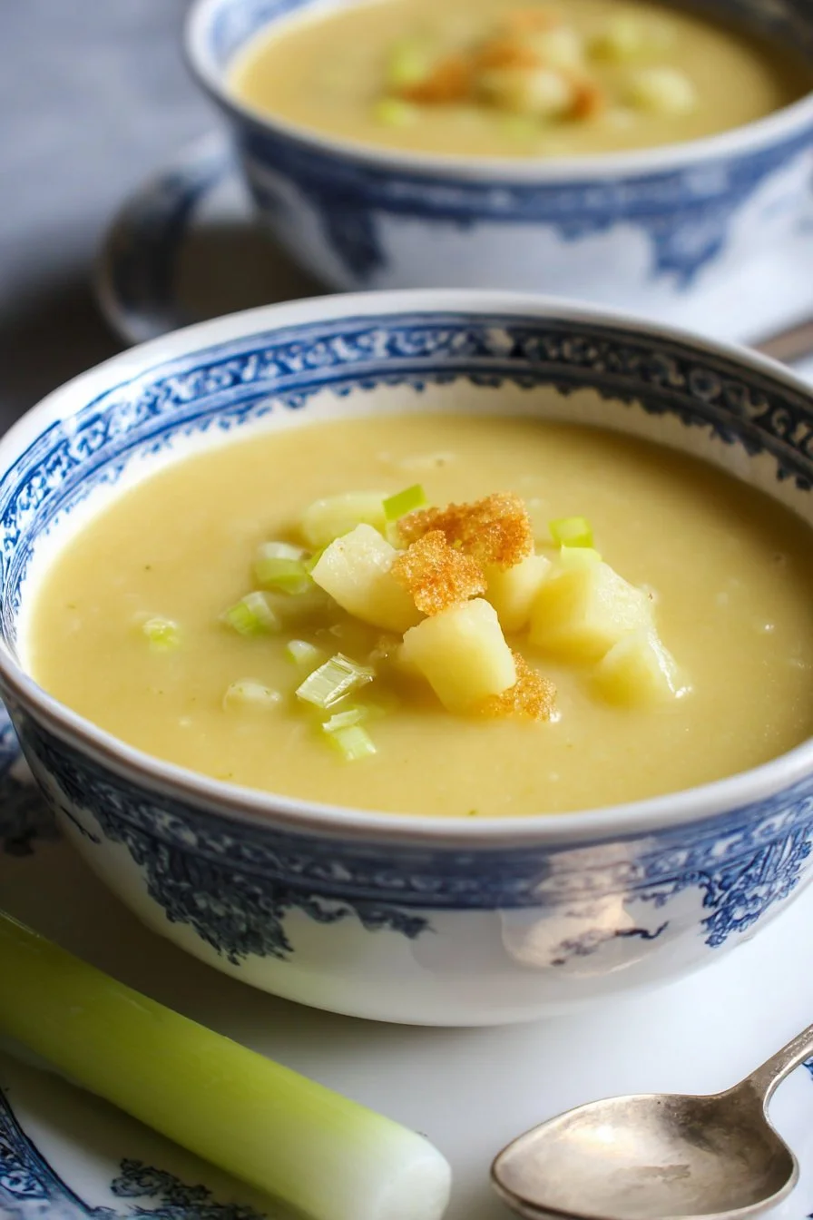 Bowl of easy potato leek soup garnished with chives and bread