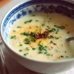 Bowl of easy potato soup topped with fresh herbs and spices.