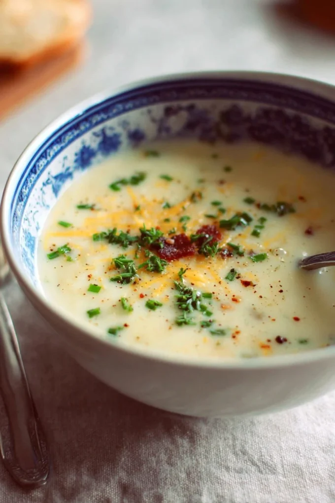 Bowl of easy potato soup topped with fresh herbs and spices.