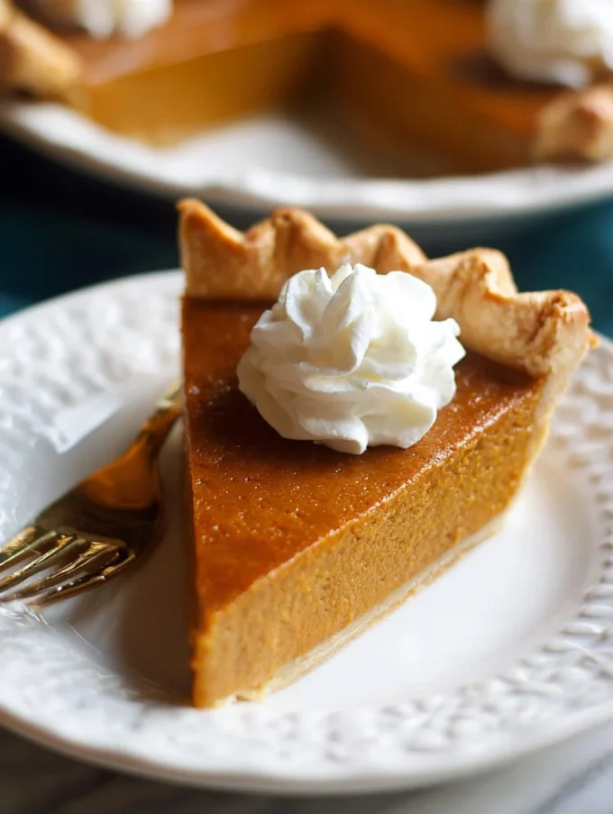 Slice of easy pumpkin pie topped with whipped cream on a plate