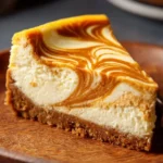 Delicious easy pumpkin swirl cheesecake topped with cream and a sprinkle of cinnamon.