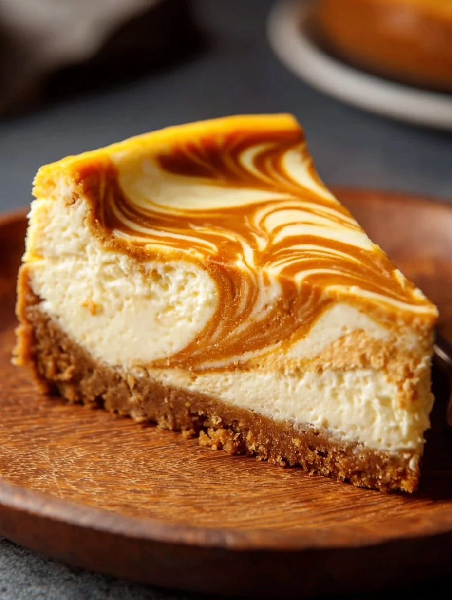 Delicious easy pumpkin swirl cheesecake topped with cream and a sprinkle of cinnamon.