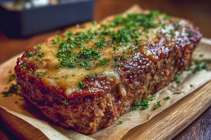 Delicious French onion meatloaf topped with melted Swiss cheese