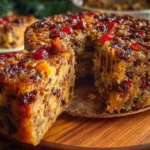 A dense, golden Fruit and Nut Cake (baked in a tube pan) sliced on a platter, showing the colorful candied fruit and chopped nuts inside.