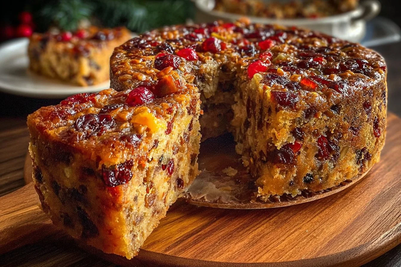 A dense, golden Fruit and Nut Cake (baked in a tube pan) sliced on a platter, showing the colorful candied fruit and chopped nuts inside.