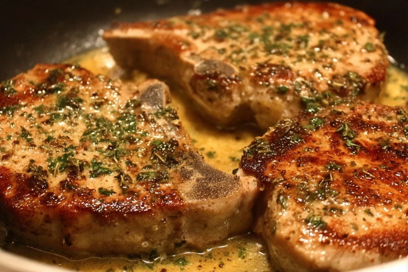 Juicy Garlic Butter Pork Chops on dinner plate