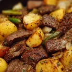 Garlic Butter Steak and Potatoes Skillet dish served on a plate