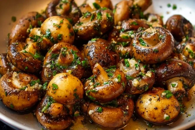 Garlic Sautéed Mushrooms in a skillet with butter and herbs
