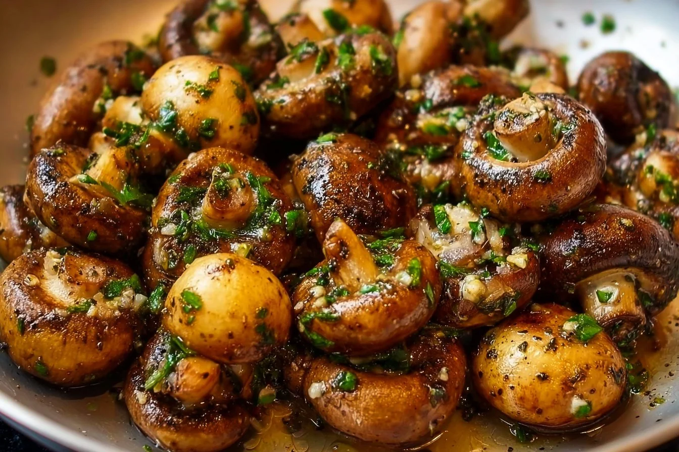 Garlic Sautéed Mushrooms in a skillet with butter and herbs