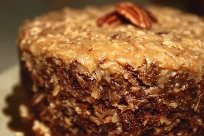 Homemade German Chocolate Cake garnished with coconut and pecan icing.
