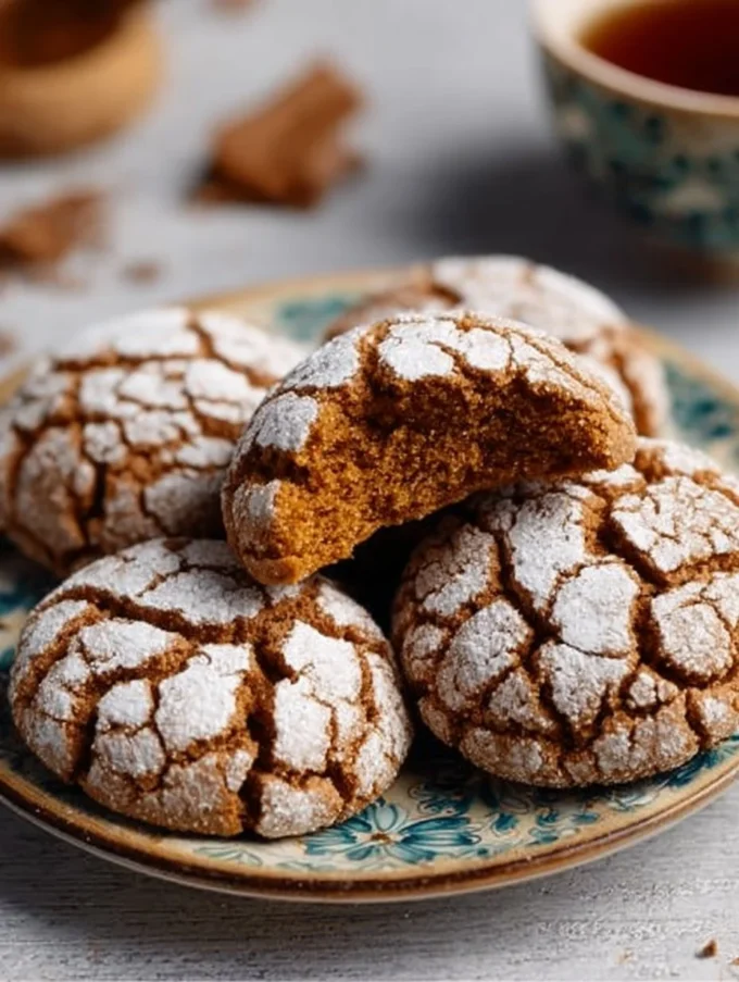 Freshly baked Gingerbread Crinkle Cookies sprinkled with powdered sugar