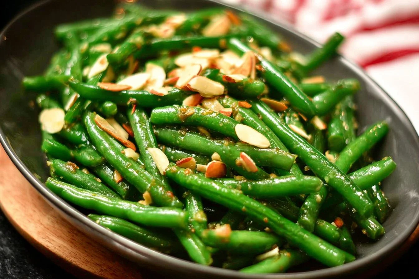 Plate of Green Beans Almondine topped with toasted almonds and lemon zest
