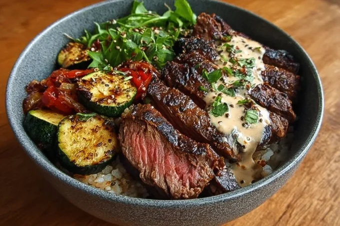Delicious grilled steak bowl with fresh vegetables and grains
