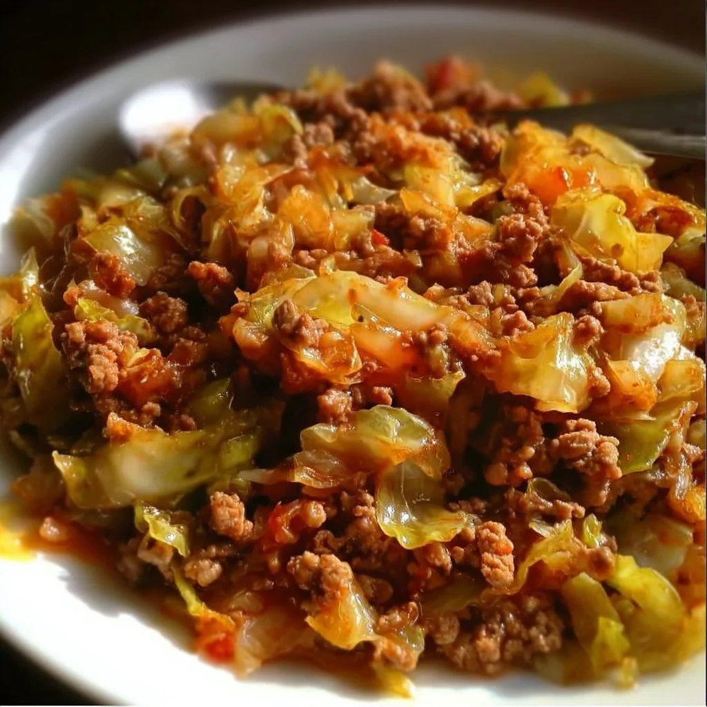 Plate of ground beef and chopped cabbage stir-fry with spices and herbs.