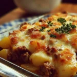 Delicious ground beef potato casserole served in a baking dish