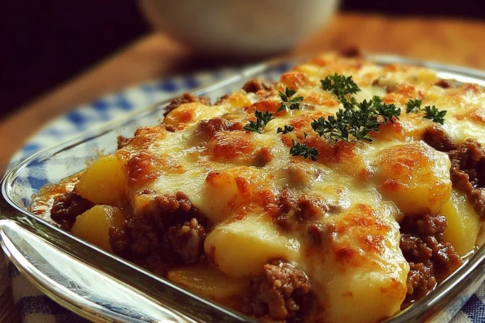 Delicious ground beef potato casserole served in a baking dish