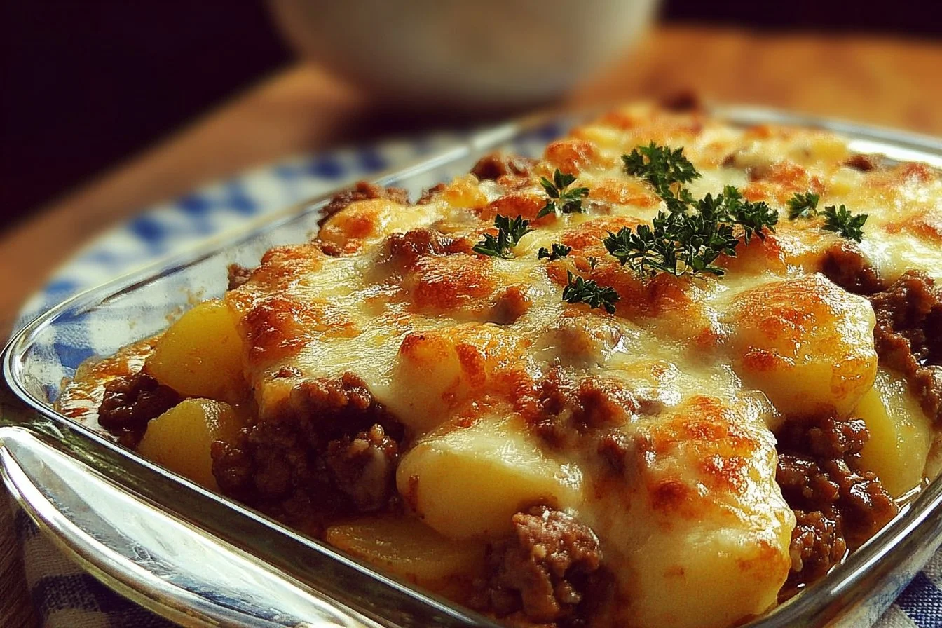 Delicious ground beef potato casserole served in a baking dish