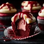 Spooky Halloween vampire bite cupcakes with red filling