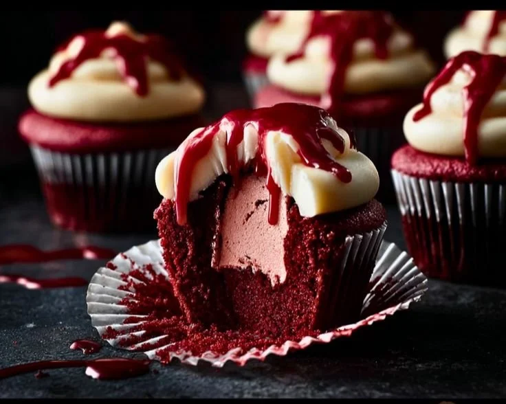 Spooky Halloween vampire bite cupcakes with red filling