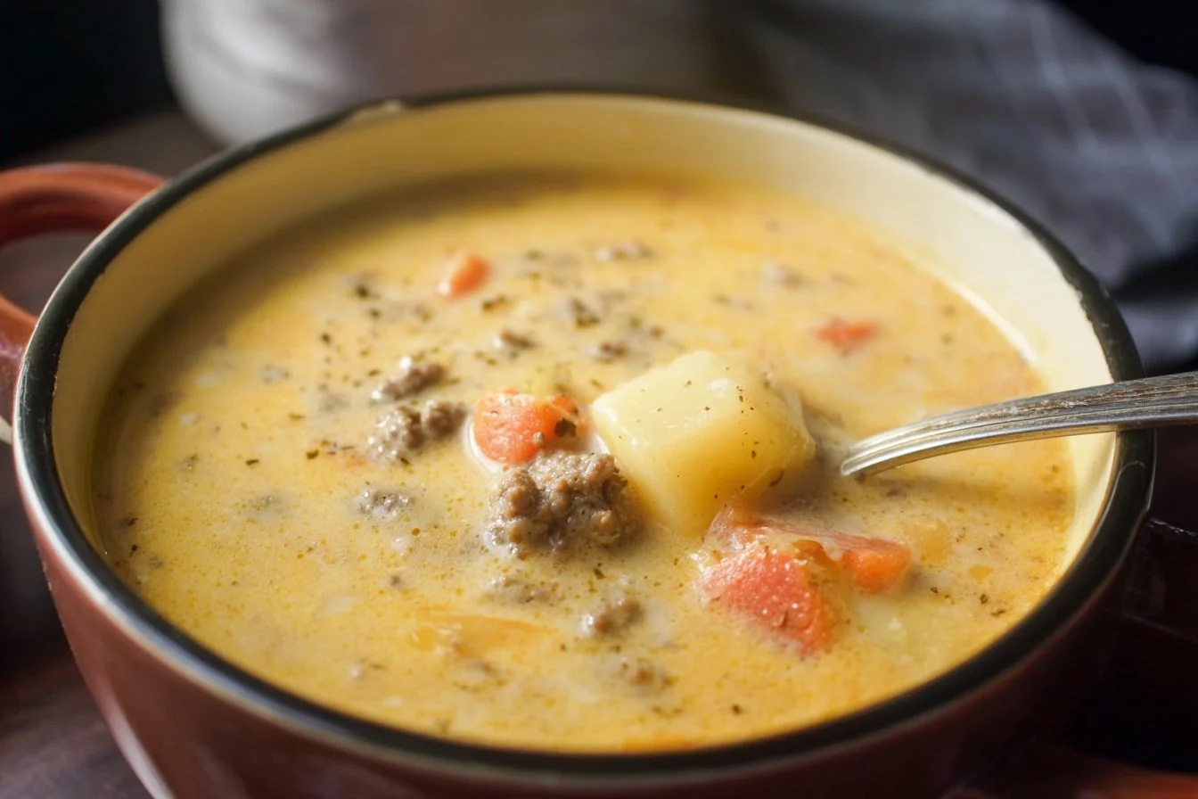 Bowl of Hamburger Potato Soup garnished with herbs and served with crusty bread