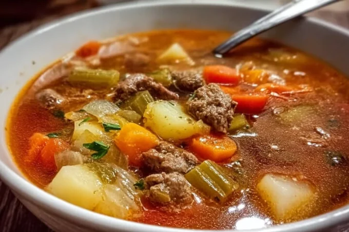 Hearty Beef and Vegetable Soup in a rustic bowl