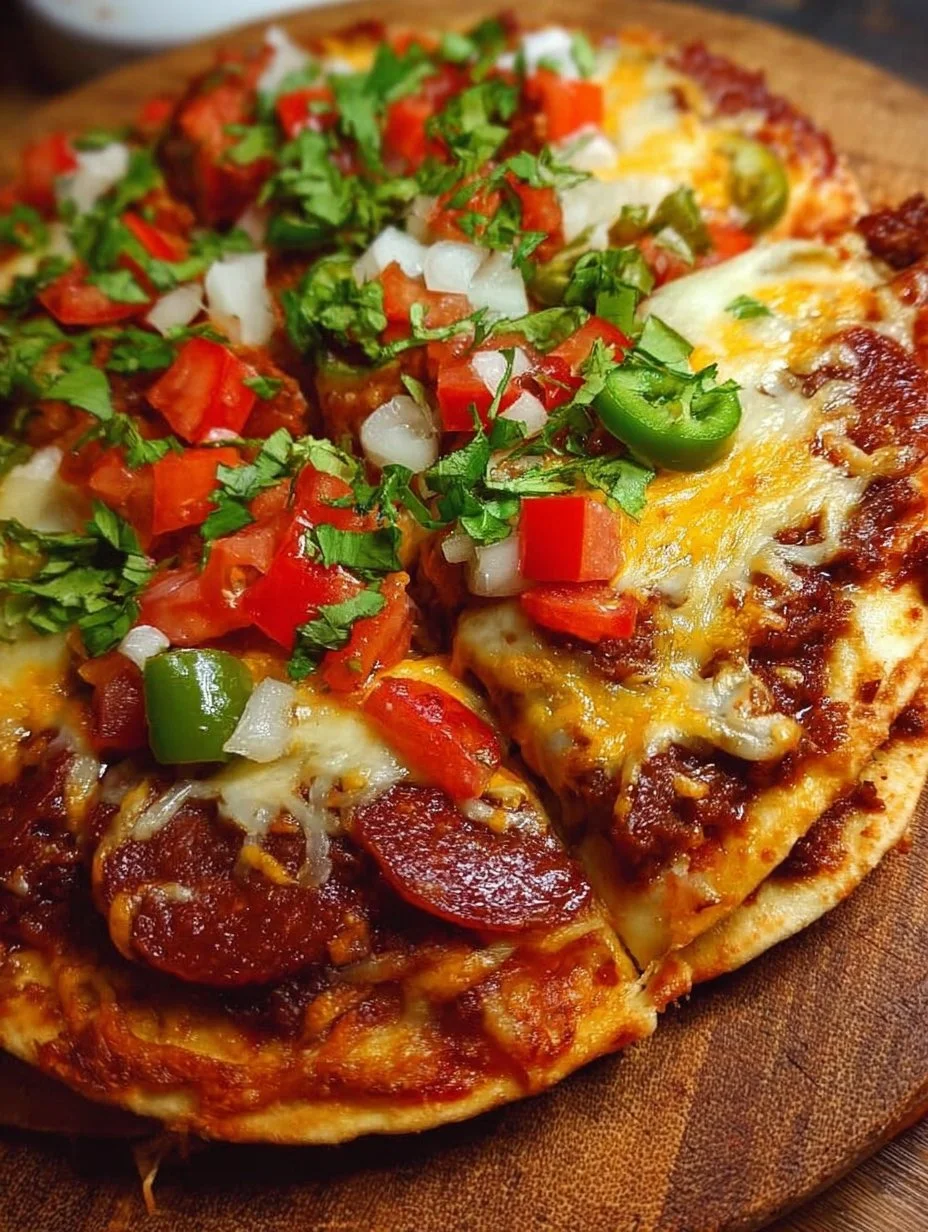 Homemade Mexican Pizza topped with fresh ingredients and spices