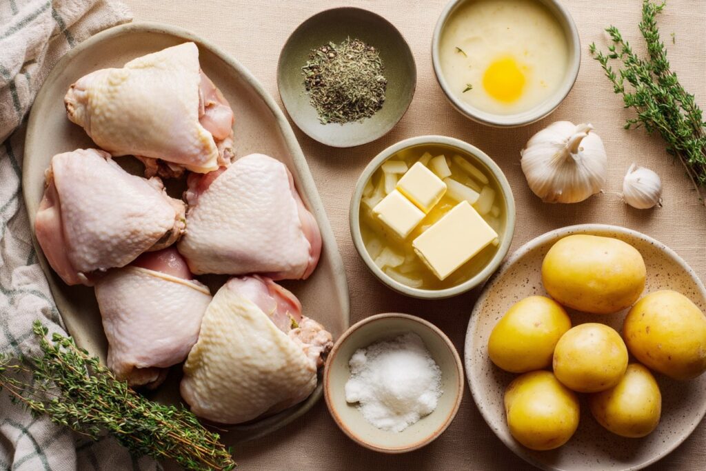 Two bone-in chicken thighs searing skin-side down in hot oil inside a large skillet, creating a golden crust.