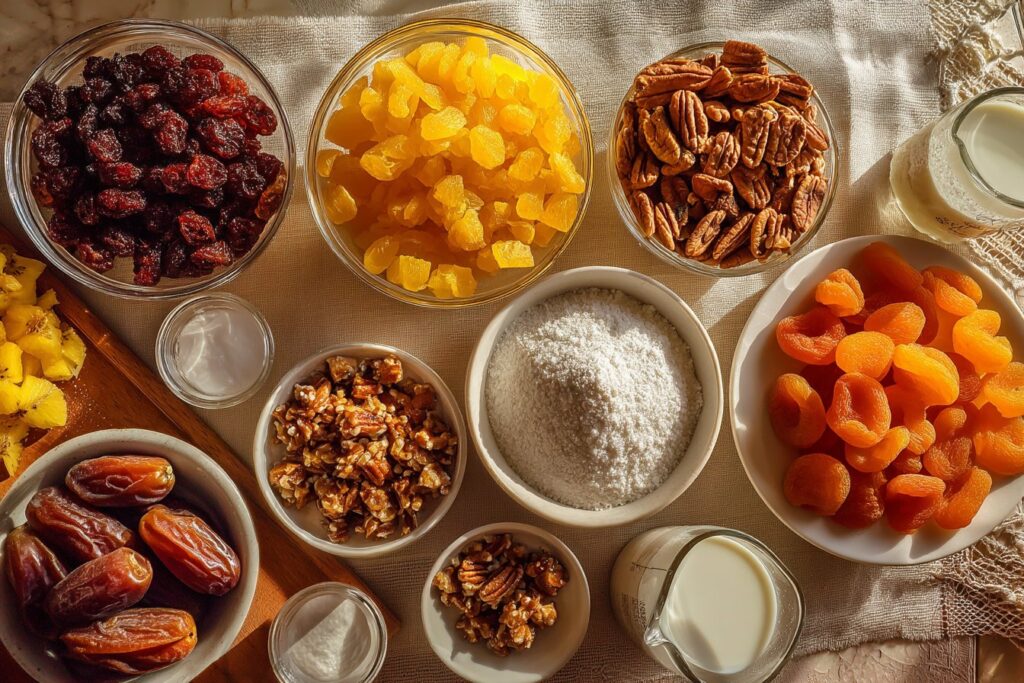 The bulk ingredients: bowls of candied cherries, candied pineapple, chopped dates, pecans, and flaked coconut for the Fruit and Nut Cake.