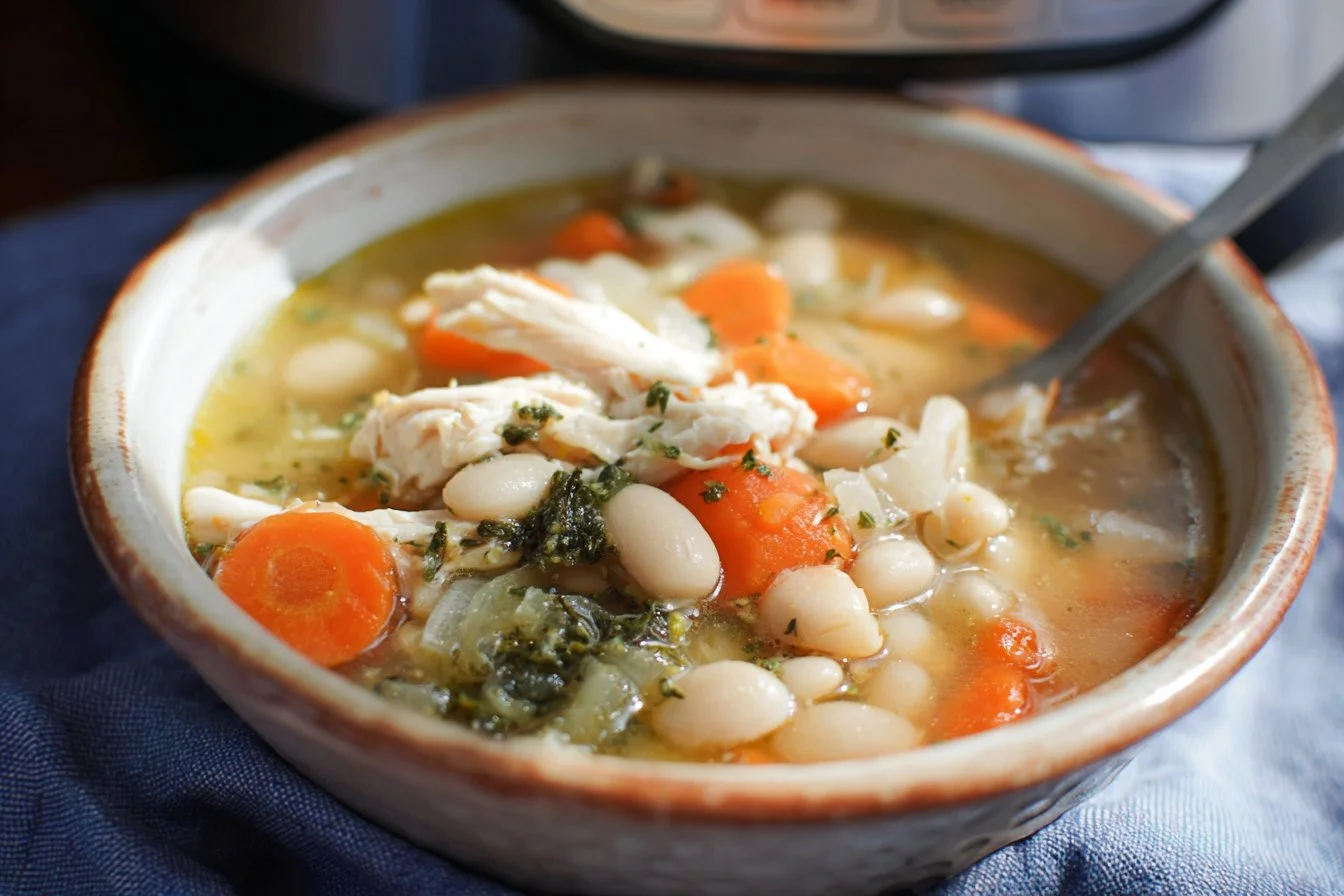 Bowl of healthy white bean chicken soup made in an Instant Pot