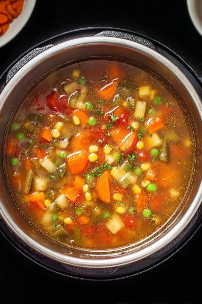 Bowl of healthy Instant Pot vegetable soup with fresh vegetables and herbs