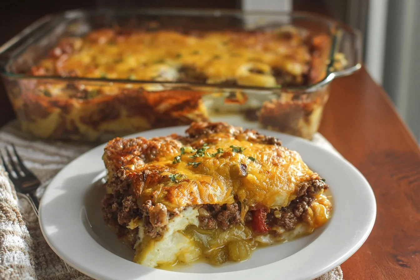 Delicious John Wayne Casserole served in a dish with toppings