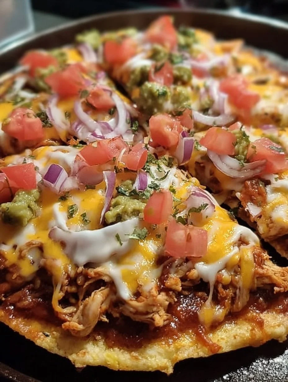 Keto Chicken Mexican Pizza topped with fresh ingredients and melted cheese