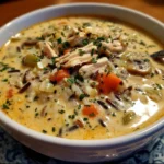 Creamy leftover turkey soup with wild rice served in a bowl