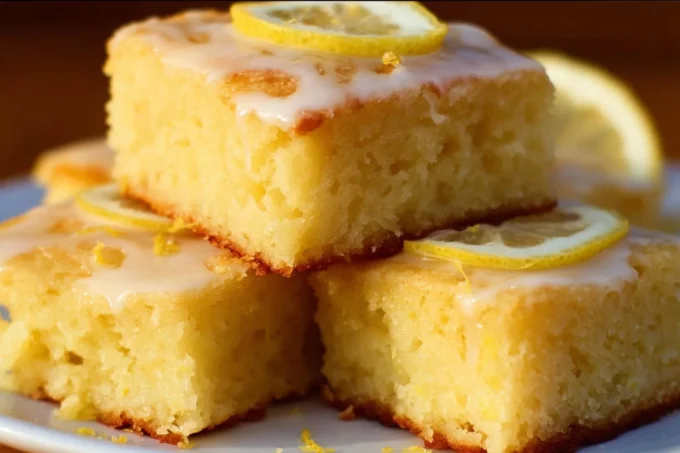 Delicious Lemon Brownies (Lemonies) served on a plate, showcasing their vibrant yellow color.